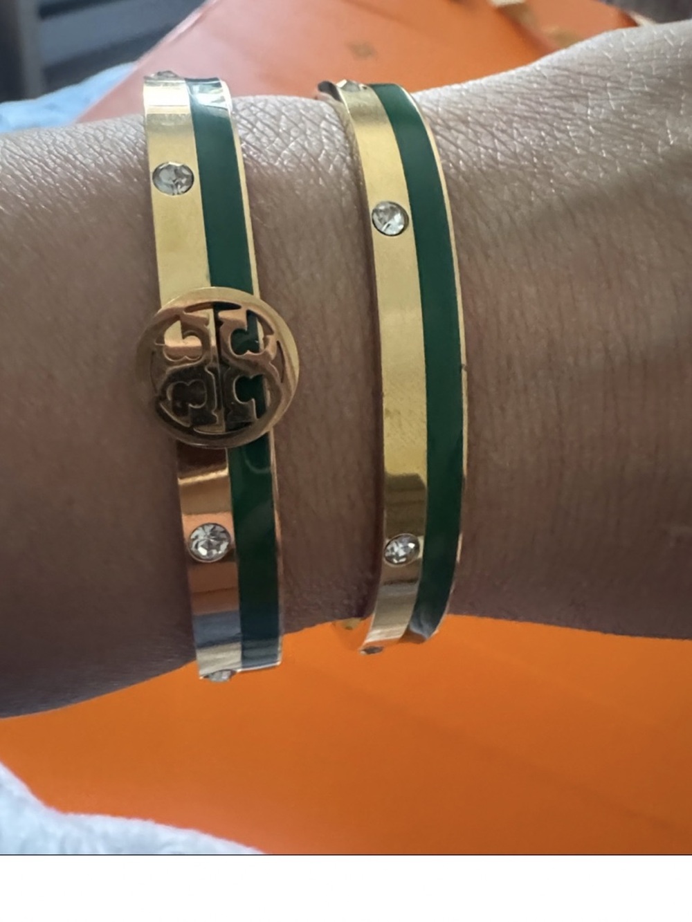 Gold-Tone and Green Enamel Bangle Set with Logo Medallion Bracelets